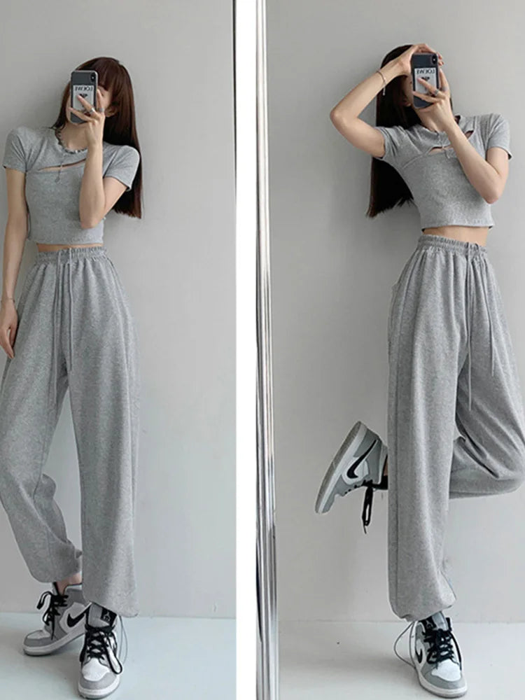 Korean White Blue Pants High Waist Loose Drawstring Harem Pants Comfortable Female Sports Street Pants S-xl