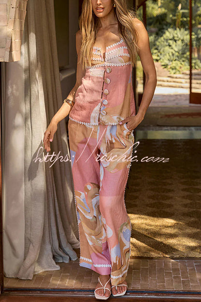 European Summer Linen Blend Ric Rac Trims High Rise Pocket Loose Pants