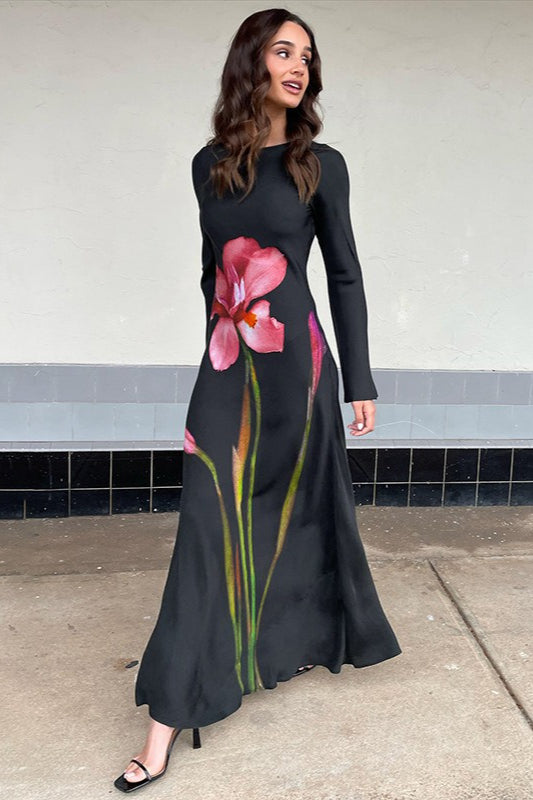 Long Sleeve Print Backless Maxi Dress