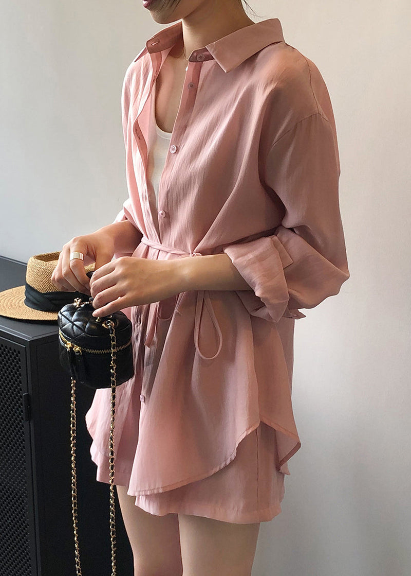 Pieces Shorts Up Lace Two Set Shirts Silk Pockets Pink and Loose