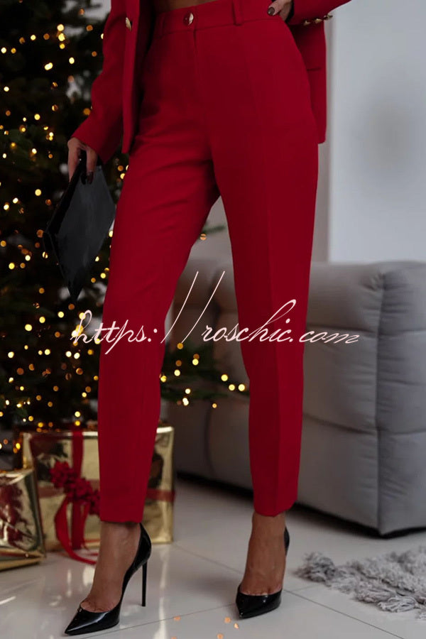 Time to Charm Lapel Button Pocket Long Sleeve Blazer Elastic Waist Pants Suit