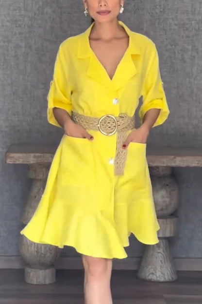 Color Lapel Pocket Ruffle Loose Mini Dress