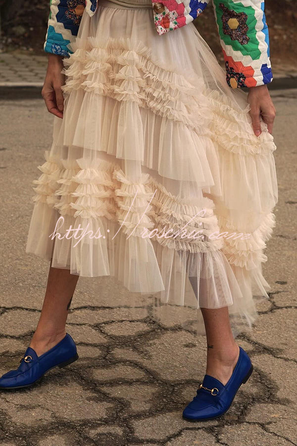 Mood Tulle Pleated Ruffle Elastic Waist Tiered Midi Skirt