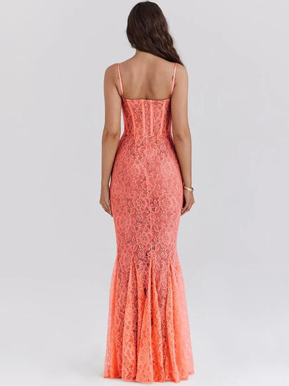 Lace Maxi Dress for Orange Spaghetti Strap Sleeveless Backless Bodycon Club Party Long Dress