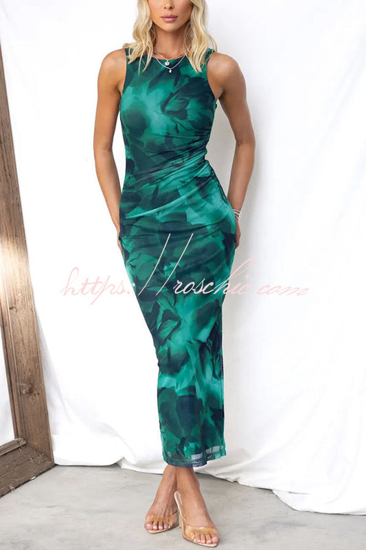 Baha Mesh Overlay Print Ruched Tank Stretch Maxi Dress