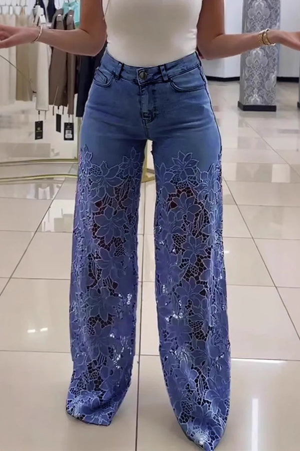 Hollow Lace Stitching Pocket Denim Wide-leg Pants