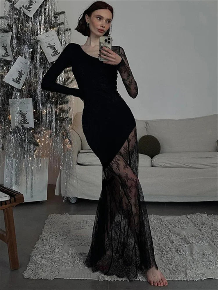 Printed See-through Black Maxi Dress High Waist Lace Slim Mesh Patchwork Long Dress Party Looks Female Dress