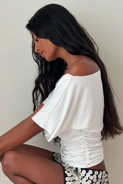 Off Shoulder Shirred Waist T-shirt