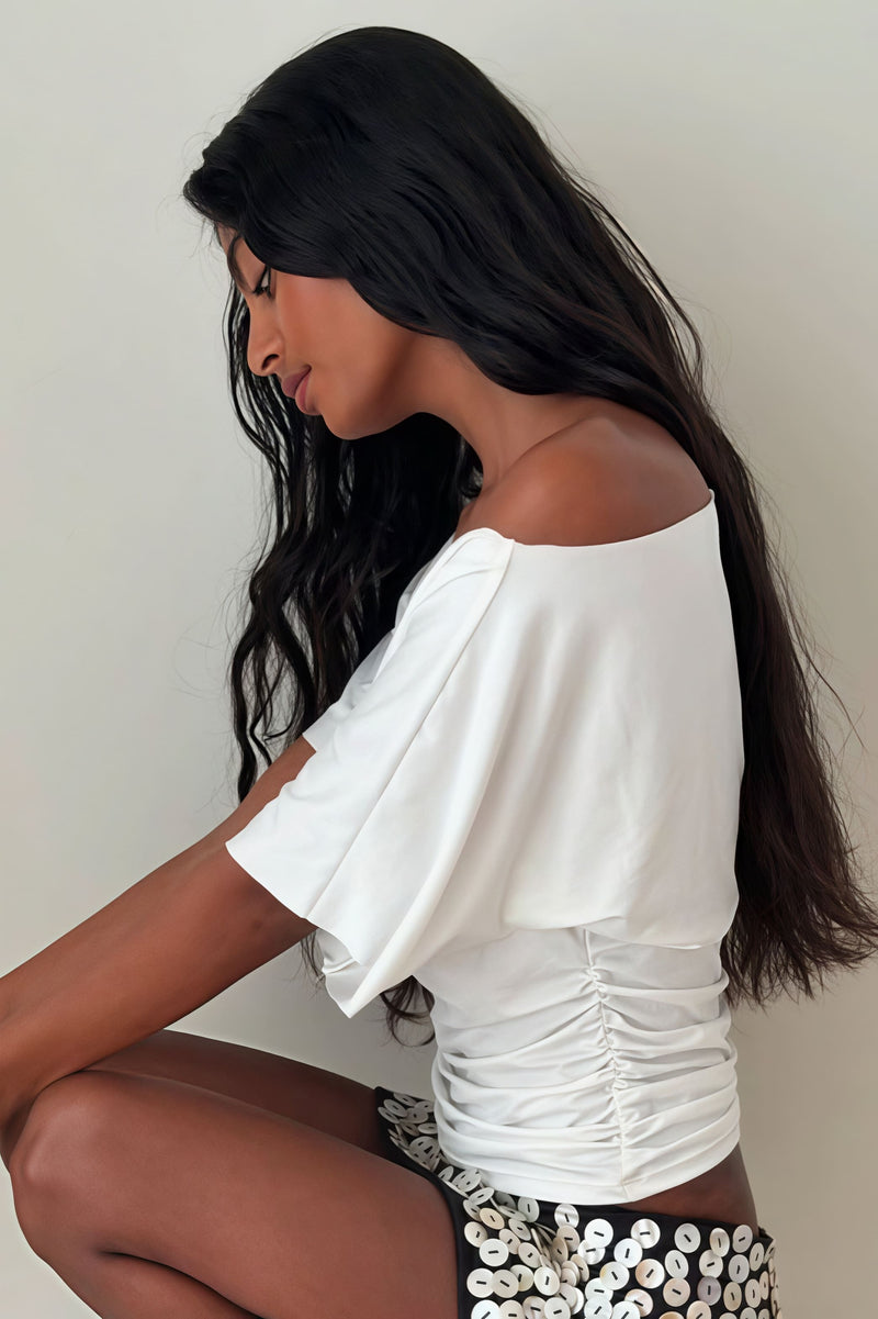 Off Shoulder Shirred Waist T-shirt