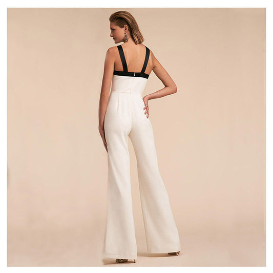 New Clothing Contrast Color Suspender Hot White Jumpsuit