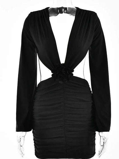 Deep V 3d Flower ’s Dress Bodycon Hollow Out Backless Long Sleeve Folds Female Mini Dress Party Club Vestidos
