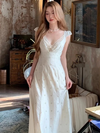 New Summer Hollow Out Midi Dress V-neck Vocation French Style White Dress Korean Slim Vestidos