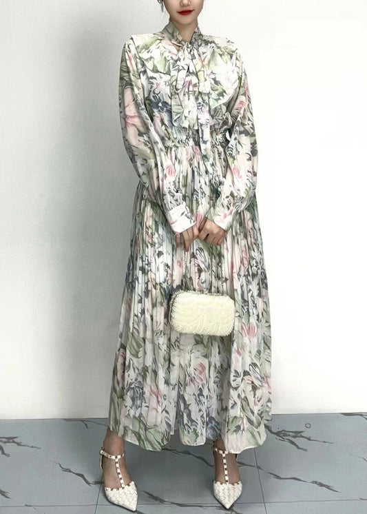 Classy Grey Bow Print Wrinkled Cotton Long Dresses Long Sleeve Ao1011