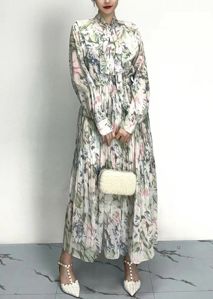 Classy Grey Bow Print Wrinkled Cotton Long Dresses Long Sleeve Ao1011