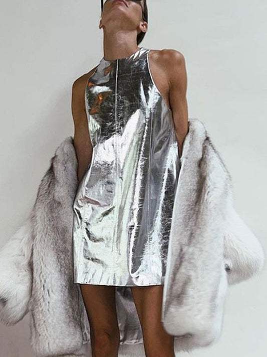 A-line Loose Shiny Color Zipper Round-neck Mini Dresses