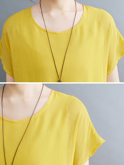 Loose Short Sleeves Color Split-joint Round-neck Midi Dresses