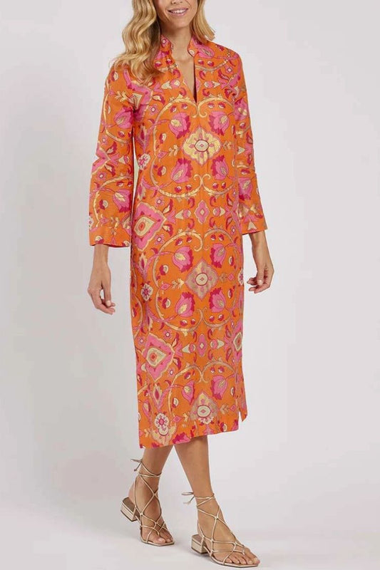 Stand Collar Printed Midi Dress