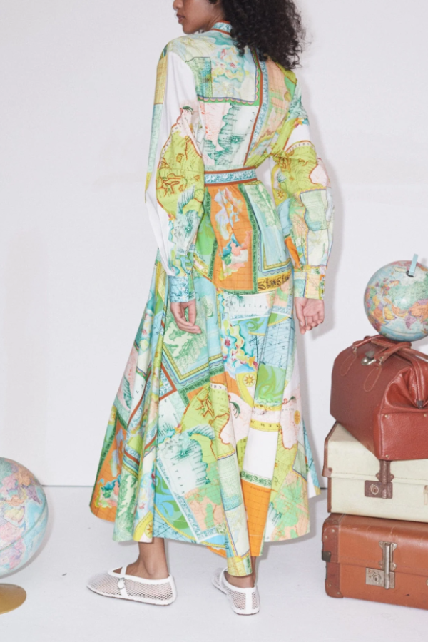 Travel Around the World Unique Print Balloon Sleeve Belt Shirt Midi Dress