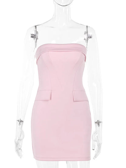 Fantoye Strapless Pocket Dress Pink Backless High Waist Mini Dress Female Summer Skinny Party Clubwear