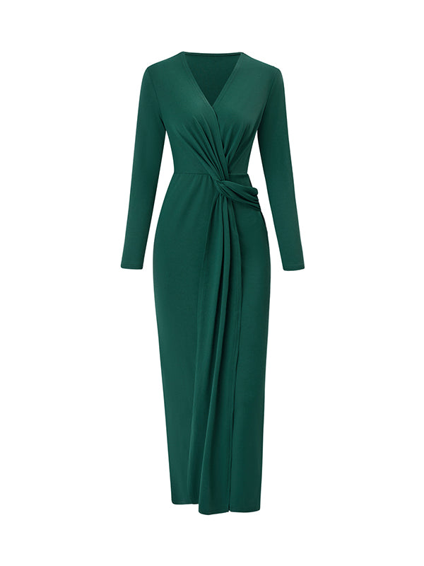 Bodycon Long Sleeves Bowknot Color V-neck Maxi Dresses