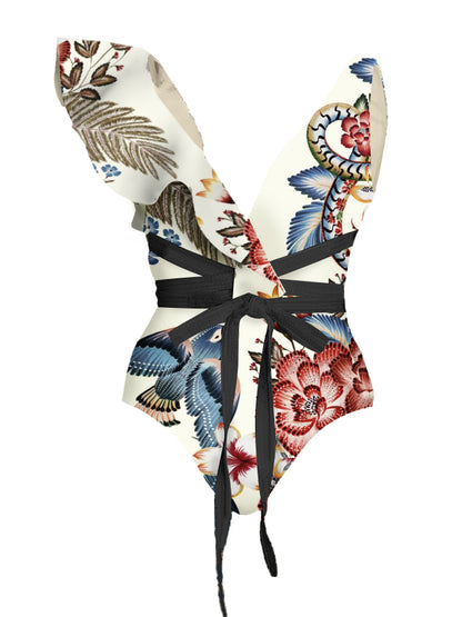 V Neck Ruffle Print Swimsuit and Skirt