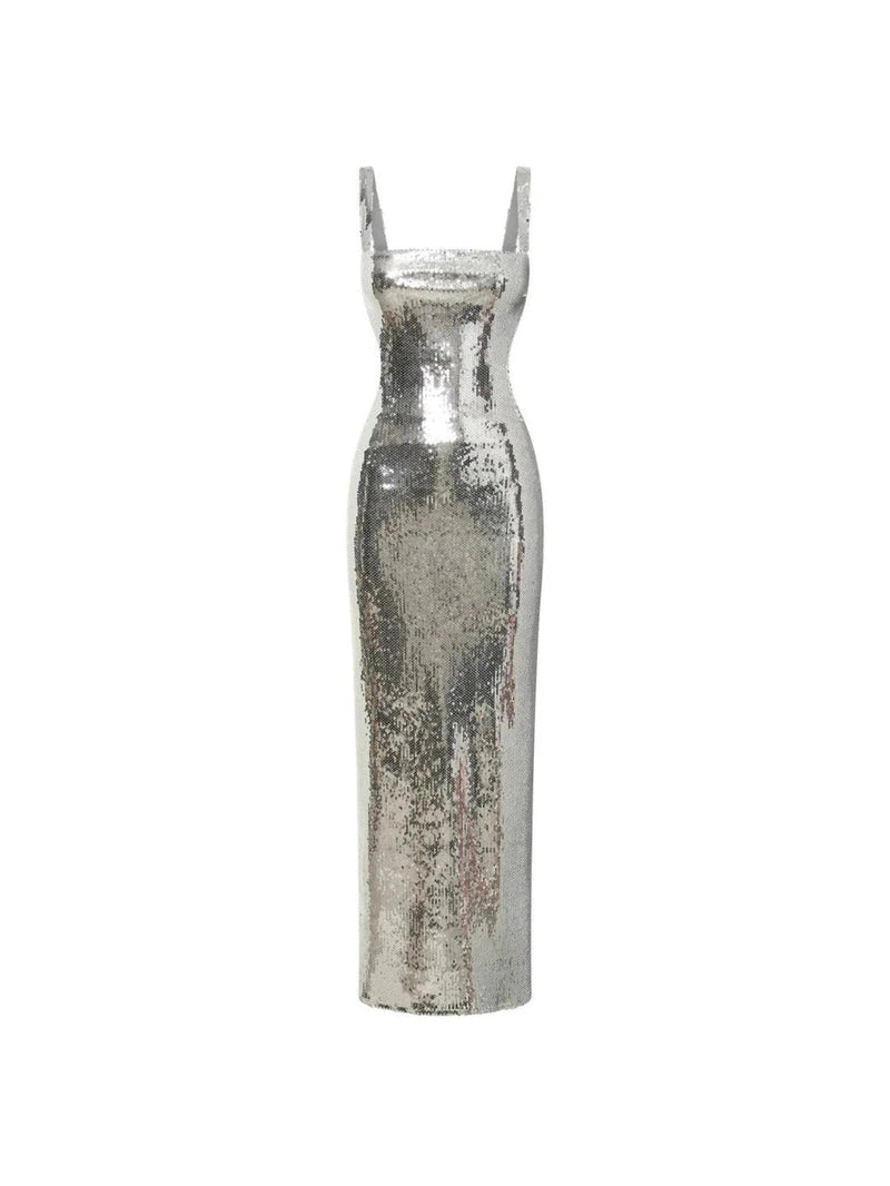 Sequins Backless Slit Sling Maxi Dress