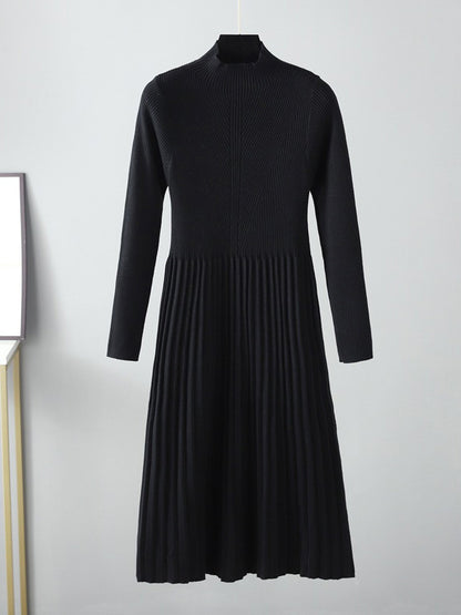 Stylish Long Sleeves High Waisted Pleated Color Half Turtleneck Sweater Dresses