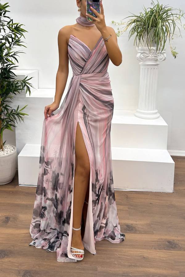 In a Dreamland Chiffon Print Off Shoulder Pleated Scarf Slit Maxi Dress