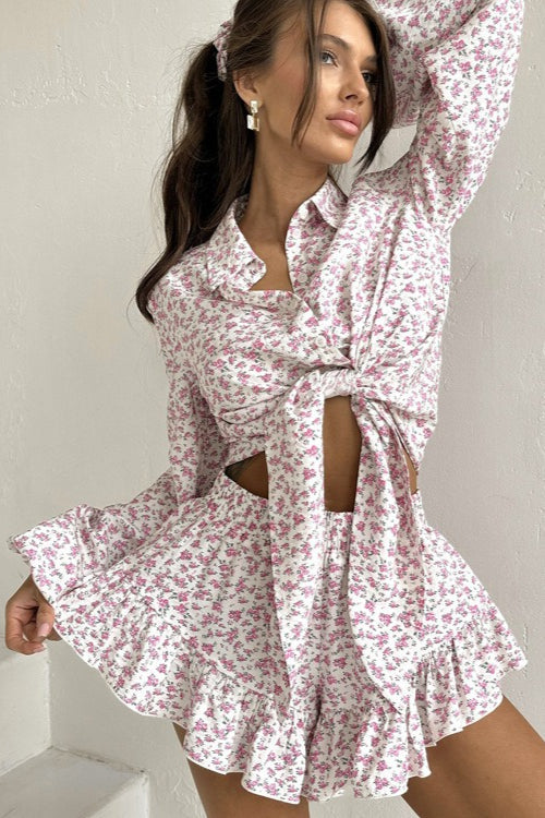 Long Sleeve Lapel Ruffle Shorts Two Piece Set