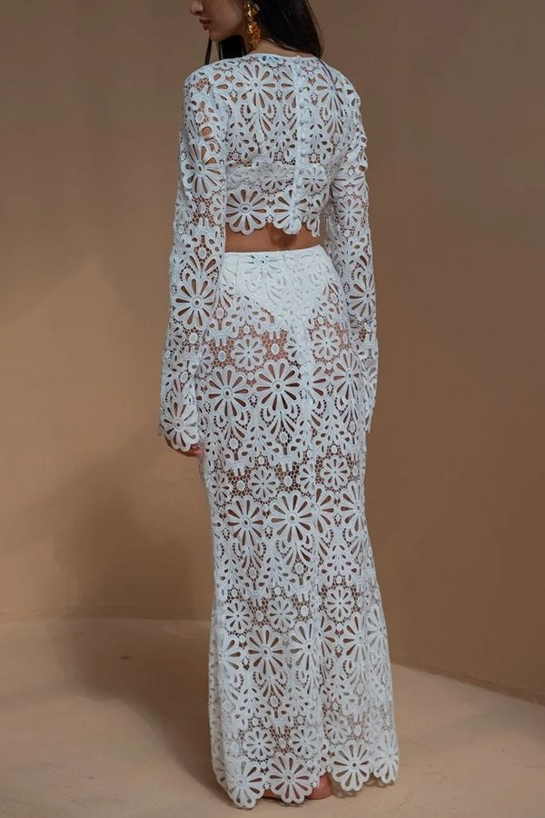 Balmy Summers Crochet Lace Pattern Elastic Waist Fishtail Vacation Maxi Skirt