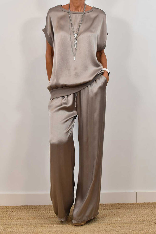 Satin Color Loose Short-sleeved Top and Elastic Waist Lace-up Pocket Wide-leg Pants Set