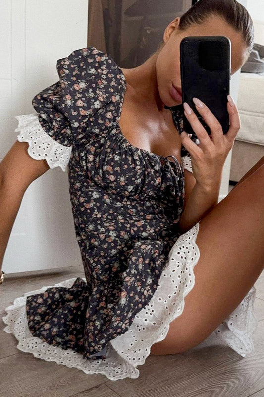 Lace Patch High Waist Mini Dress