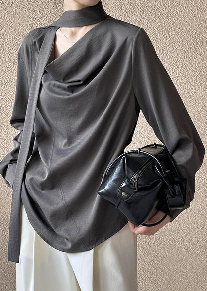 French Grey Button Bow Cotton Blouses Fall Af1058