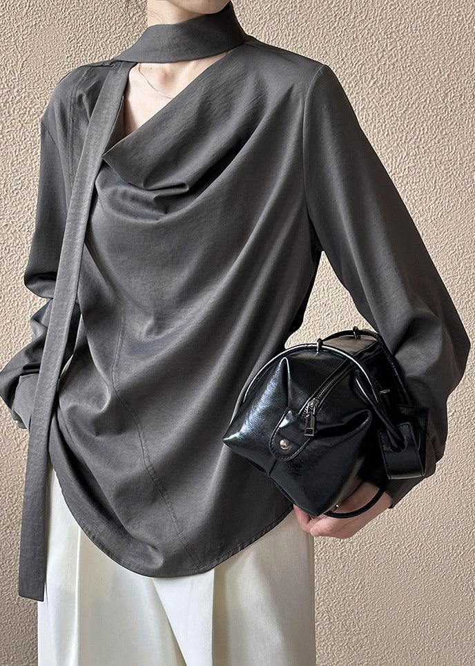 French Grey Button Bow Cotton Blouses Fall Af1058