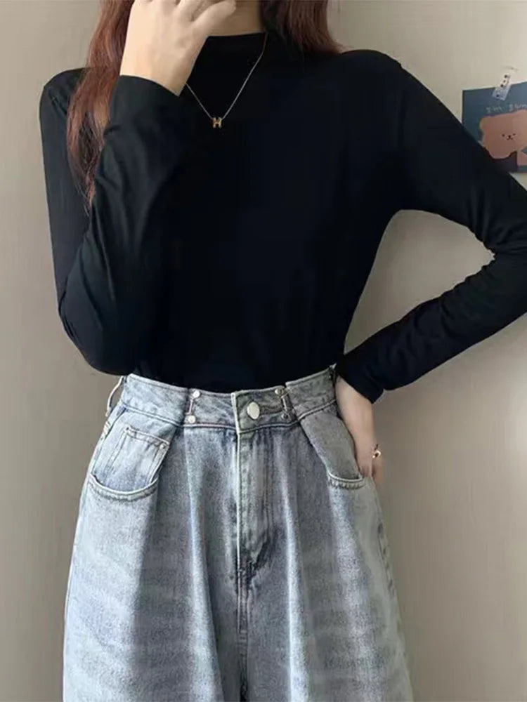 Pullover Turtleneck Sweater Autumn Long Sleeve Slim Korean Simple Basic Color Tops Jumper T Shirt