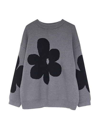 Loose Black Round-neck Contrast Color Flower Long Sleeve Sweater An1070