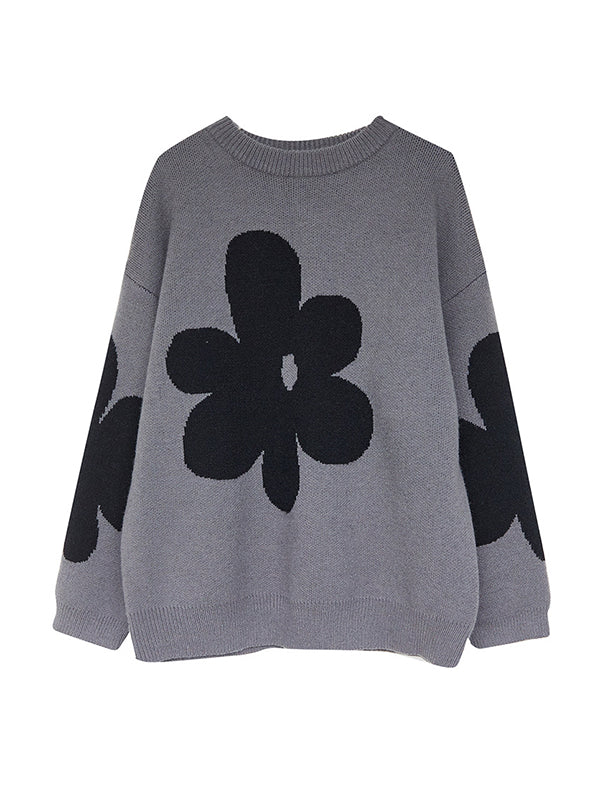 Loose Black Round-neck Contrast Color Flower Long Sleeve Sweater An1070