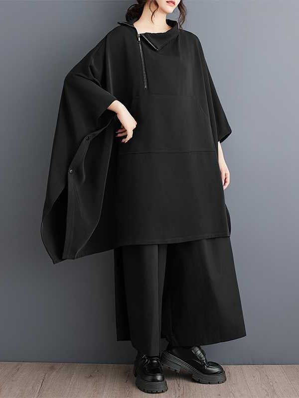 Simple Loose Black Mock Neck With Zipper Buttoned Pockets Batwing Sleeves Sweatshirt Ws016