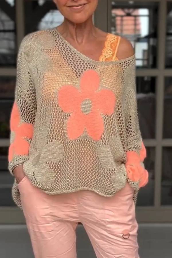 Knitted Hollow V-neck Shirt Mesh Sweater