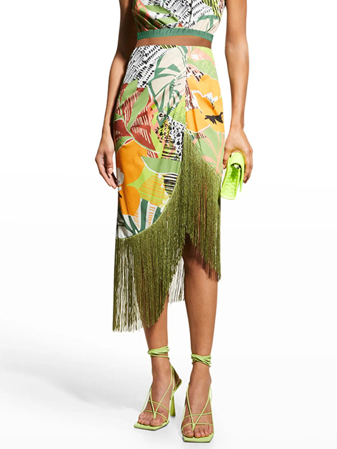 Print Fringe Swimsuit and Skirt