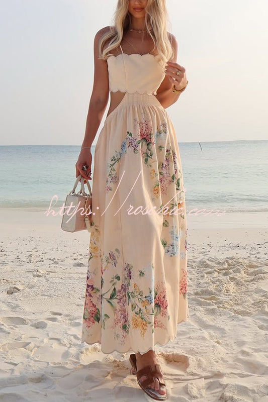 Cabo Sunsets Print Petal Trim Back Lace-up Midi Dress