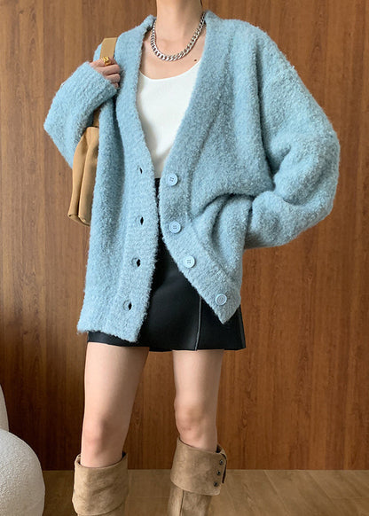 Blue V Neck Button Woolen Cardigans Fall Wd005