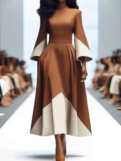 A-line Long Sleeves Contrast Color Pleated Pockets Split-joint High Neck Midi Dresses