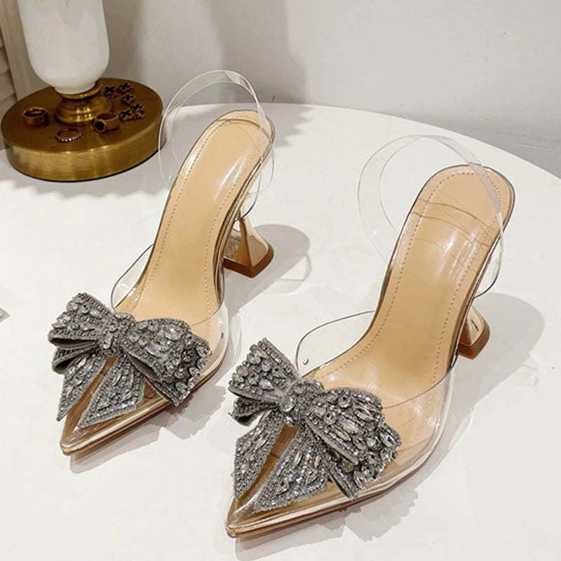 Liyke Crystal Sequined Bowknot Pumps – Pointed Toe High Heels Wedding Prom Shoes – Pvc Transparent Sandals
