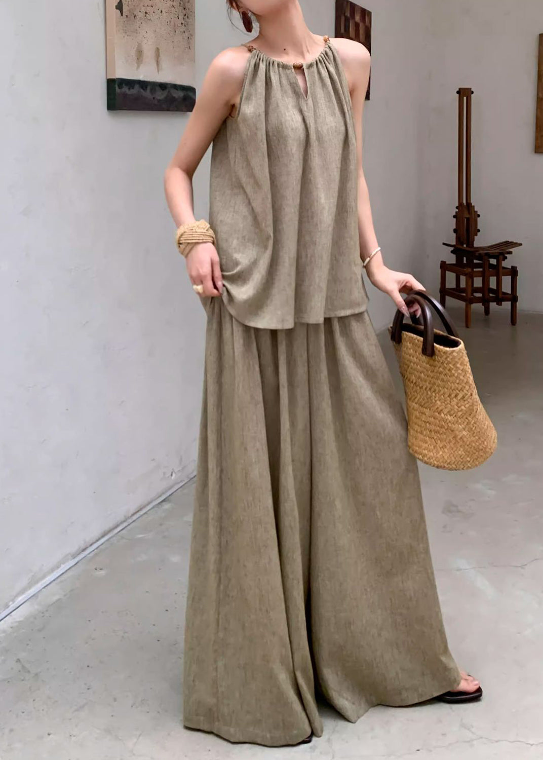 French Green Tops and Pants Linen Two Pieces Set Sleeveless Ee037