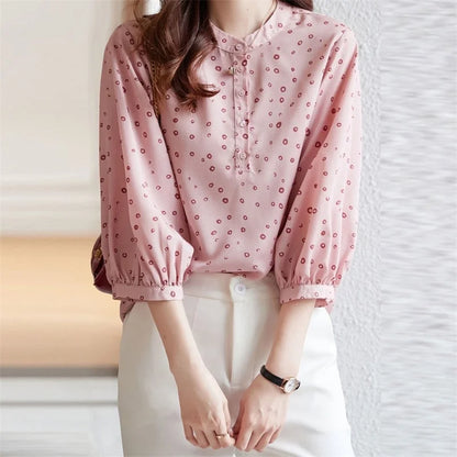 Woman Spring Summer Style Blouses Tops Lady Half Sleeve Stand Collar Polka Dot Printed Blusas Tops Df4474