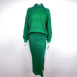 Turtleneck Loose Pullover Top Split Long Skirt Two-piece Set Winter