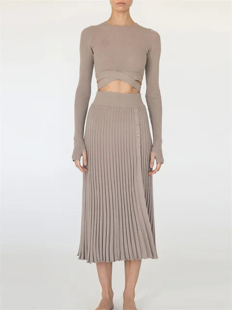 New White Knit Two Piece Sets Fall Ribbed Crop Top and Pleated Knitted Skirt Suits for Midi Dress Sets