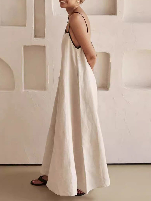 A-line Loose Split-joint Spaghetti-neck Maxi Dresses