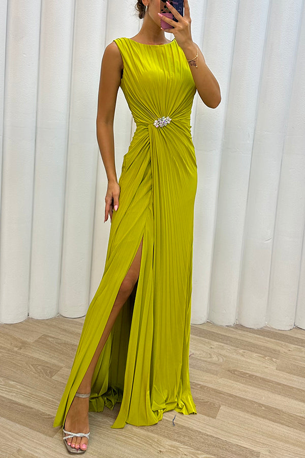 Special Pleated Embellished Slit Evening Maxi Dress
